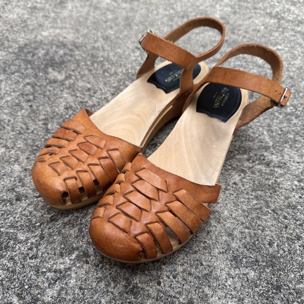 Swedish Hasbeens Harache Style Clog Women's 39 (US 8.5) Cognac Leather Wood Sole